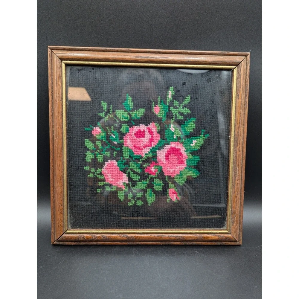 Vtg Framed Completed CROSS-STITCH FLORAL Roses Black Pink Green 11 5/8 X 11 5/8